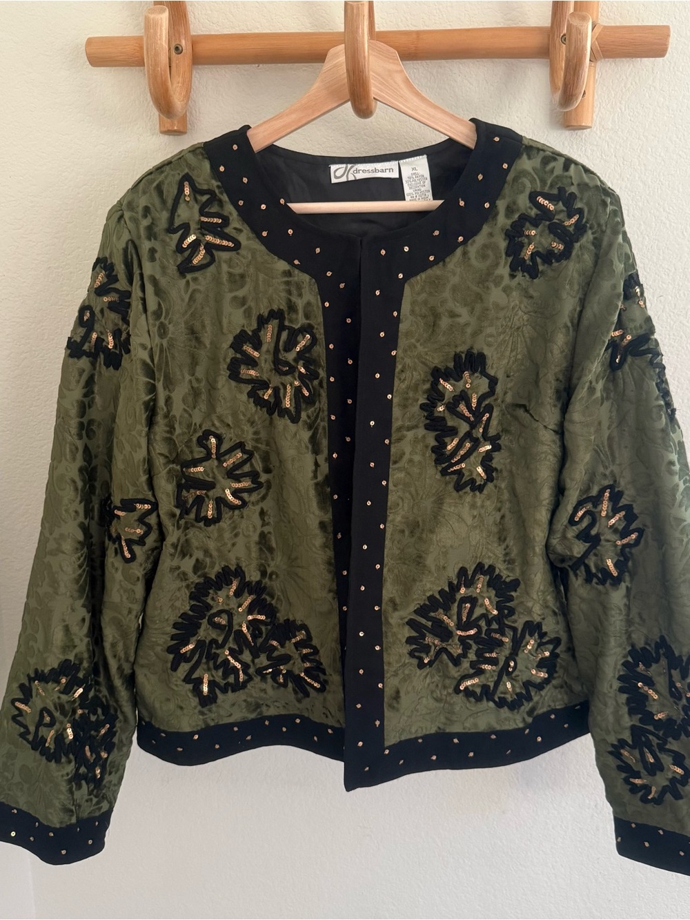 90s Dressbarn Whimsygoth olive Green Velvet Embroidered sequin open front Jacket